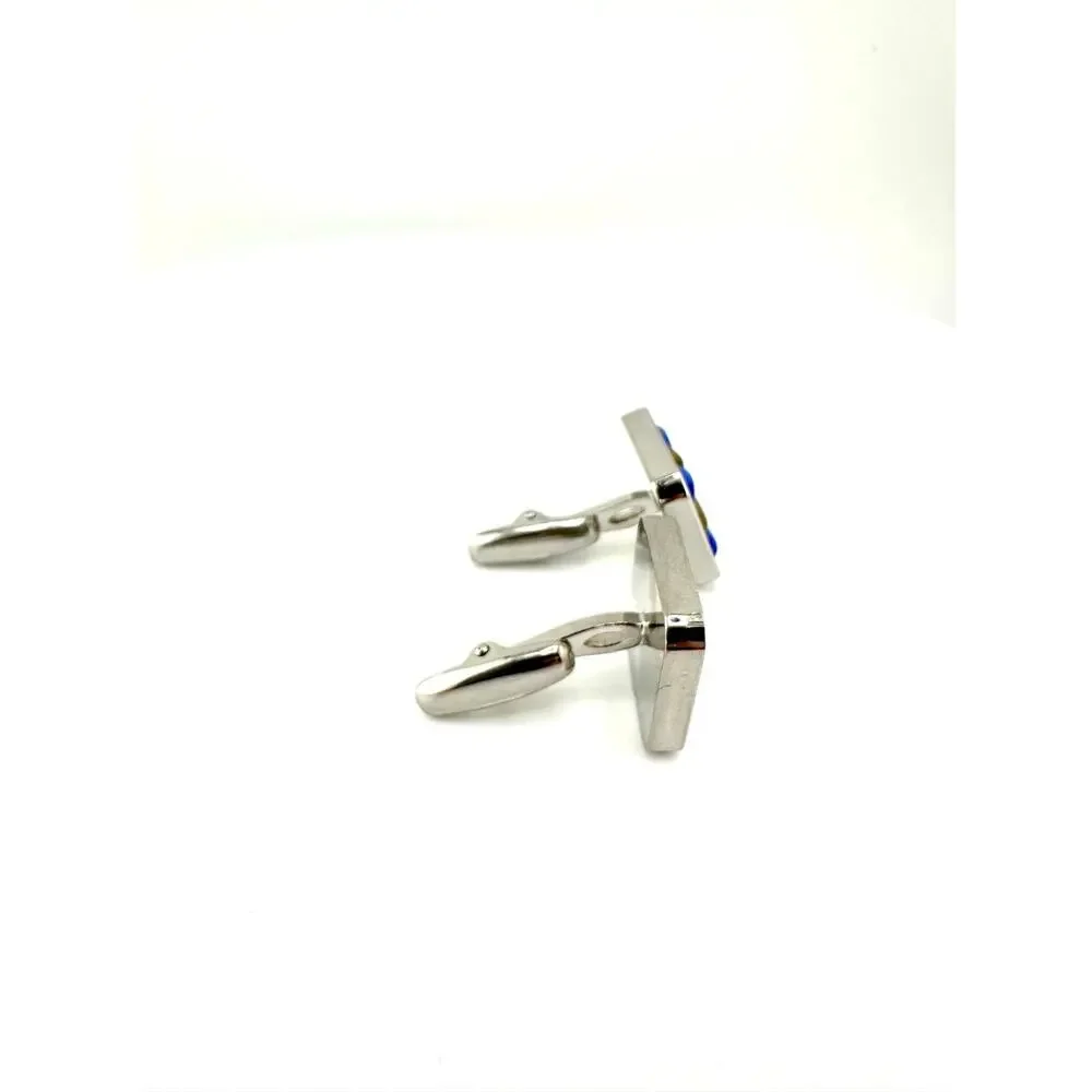 Men’s Silver Blue Gold Checkered Cufflinks Square Enamel Formal Dress